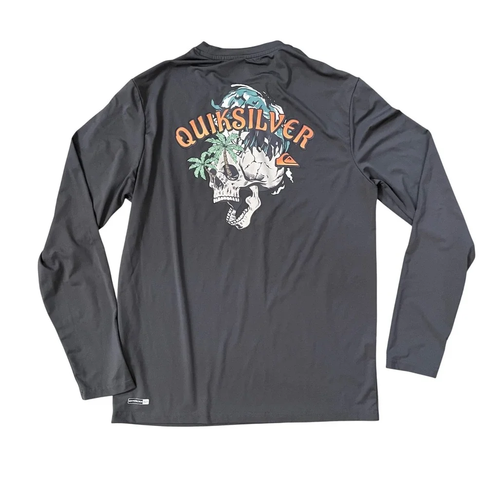 Quiksilver Long Sleeve Rash Guard Sun Shirt Skull Palm Tree Graphic Grey Small